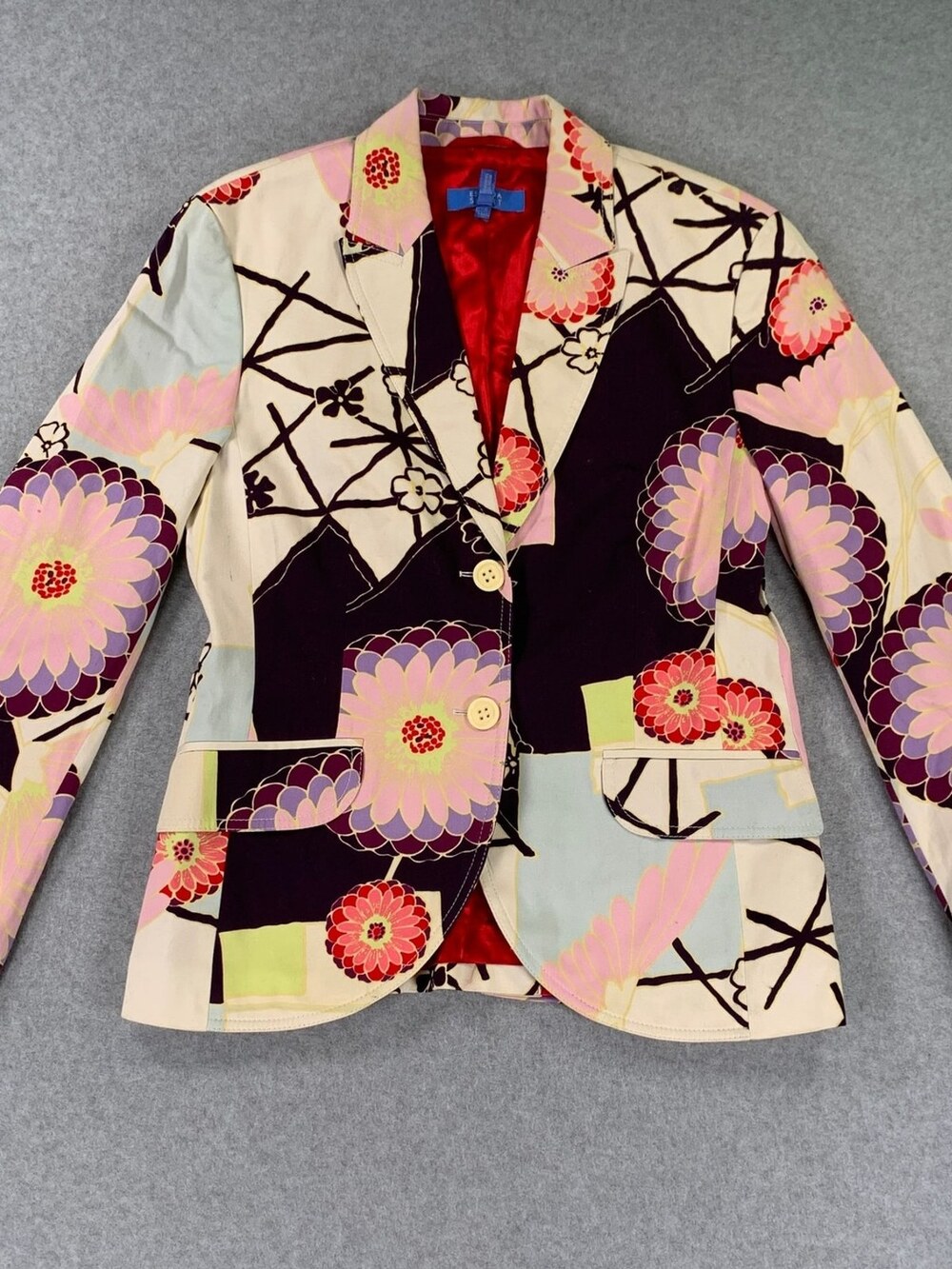 Escada Sport Blazer Jacket Japanese Floral Print Cotton Red Lining Size 38
